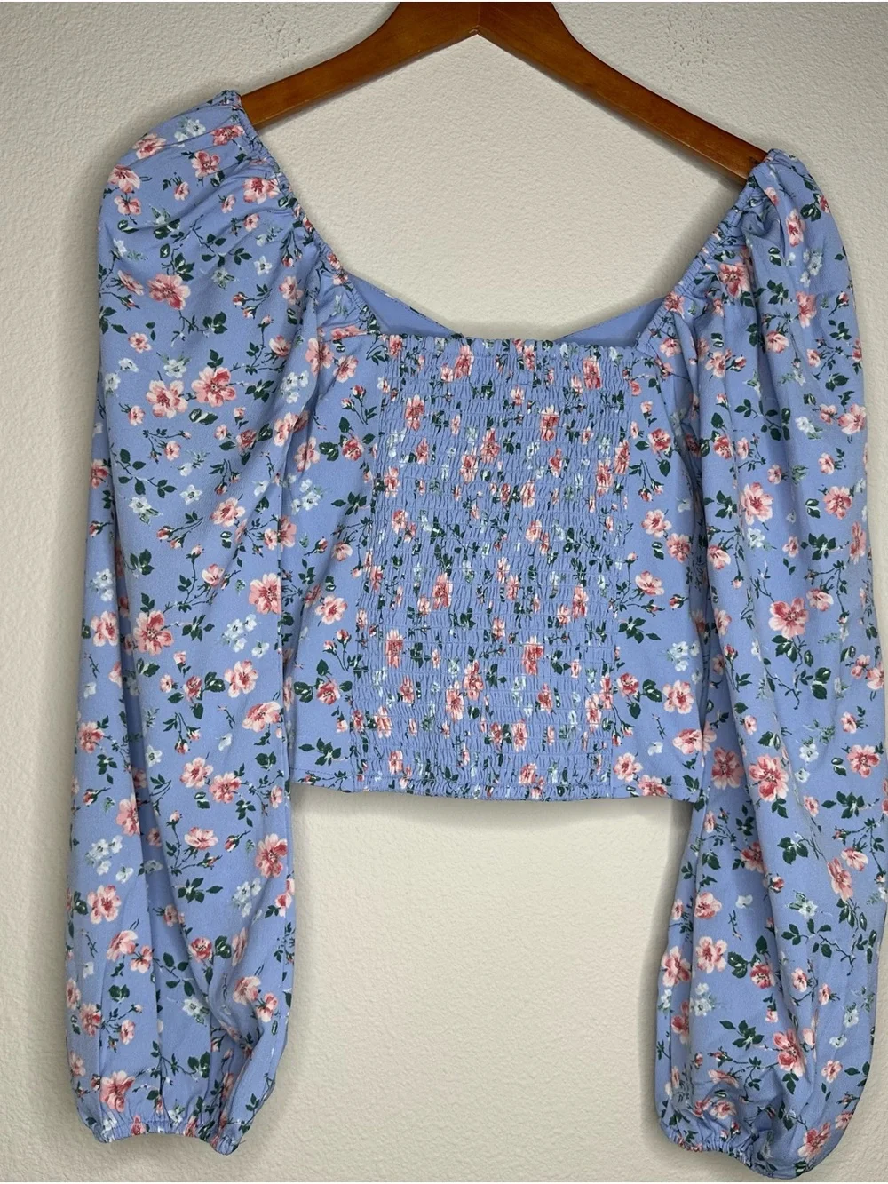 Abercrombie & Fitch Blue Floral Crop Top S Tie Front Puff Sleeve Smocked Back